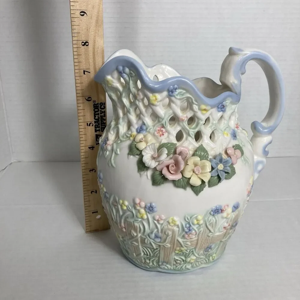 VTG Capodimonte Majolica Style Floral Porcelain Pitcher Spring Centerpiece